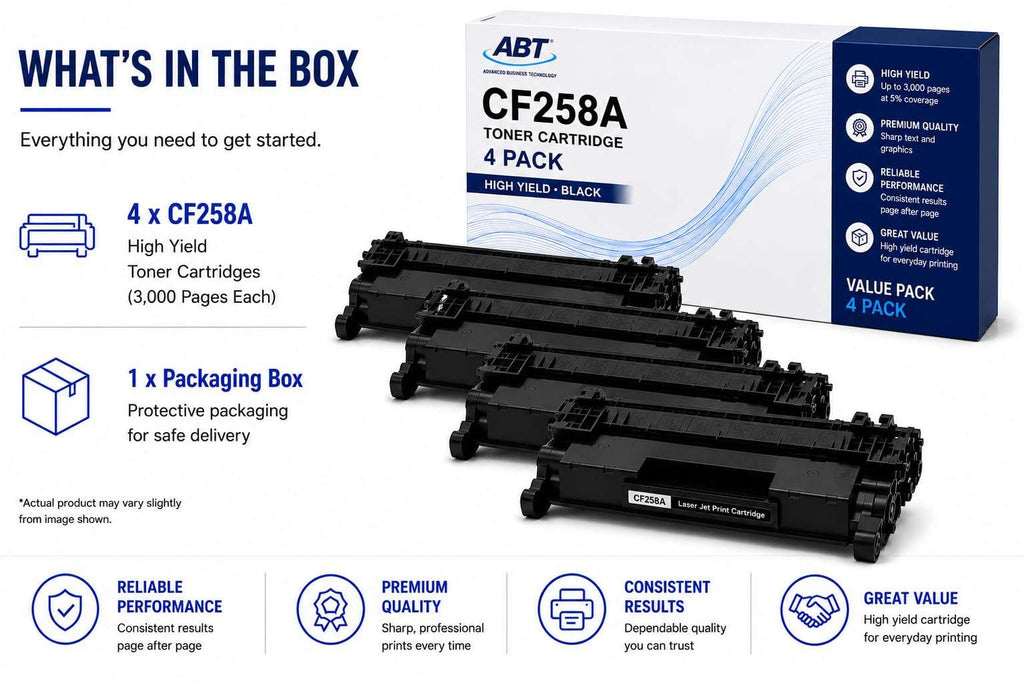 Advanced Business Technology ABT Compatible CF258A Toner Cartridge 4 Pack Replacement for HP 58A CF258A and 58X CF258X Black Toner Cartridges with Chip Works with LJ Pro M404dw M428fdw