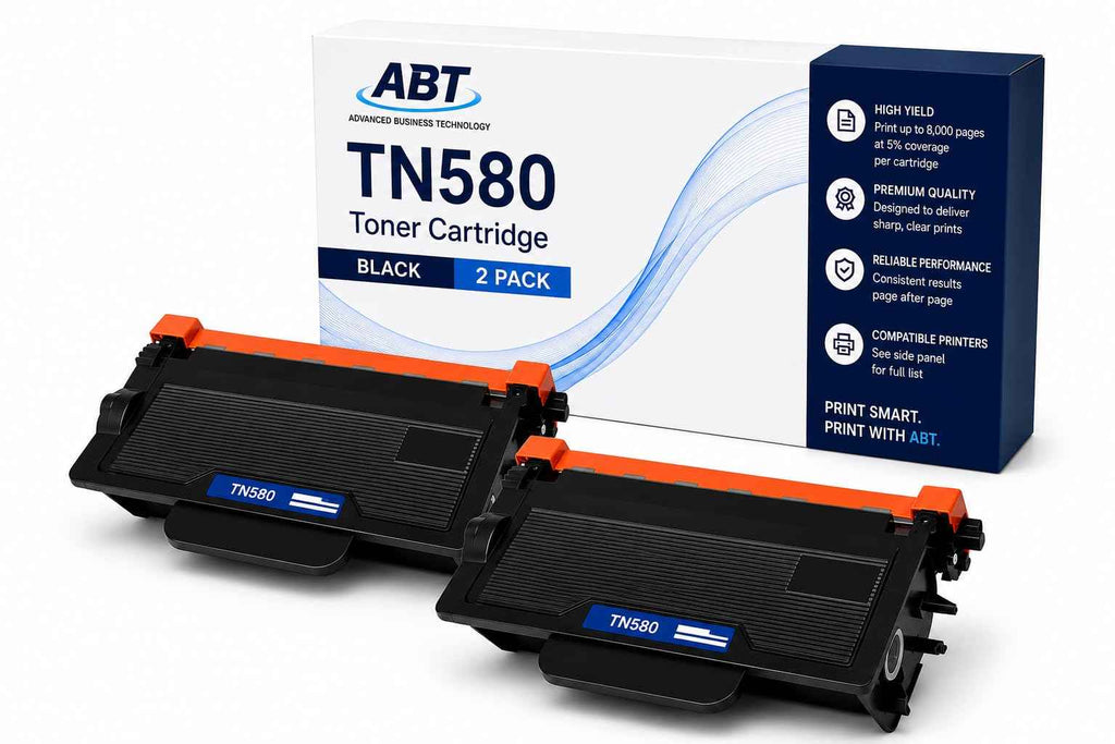 Packaging view of ABT TN580 toner cartridge 2-pack, featuring high yield black cartridges.