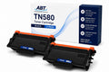 Packaging view of ABT TN580 toner cartridge 2-pack, featuring high yield black cartridges.