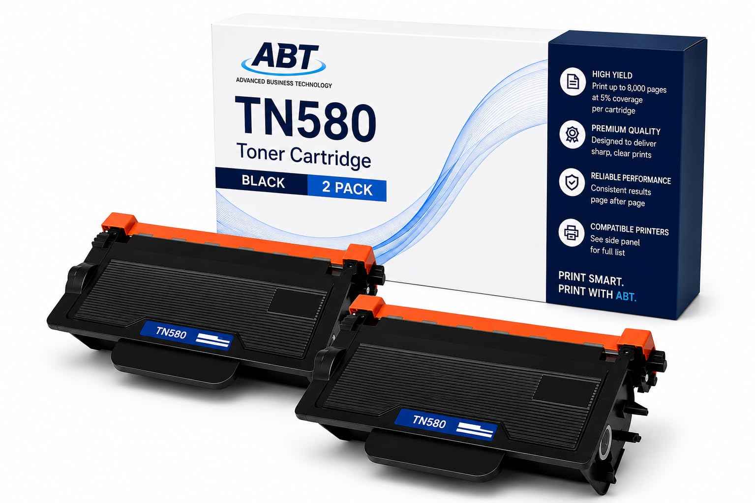 Packaging view of ABT TN580 toner cartridge 2-pack, featuring high yield black cartridges.