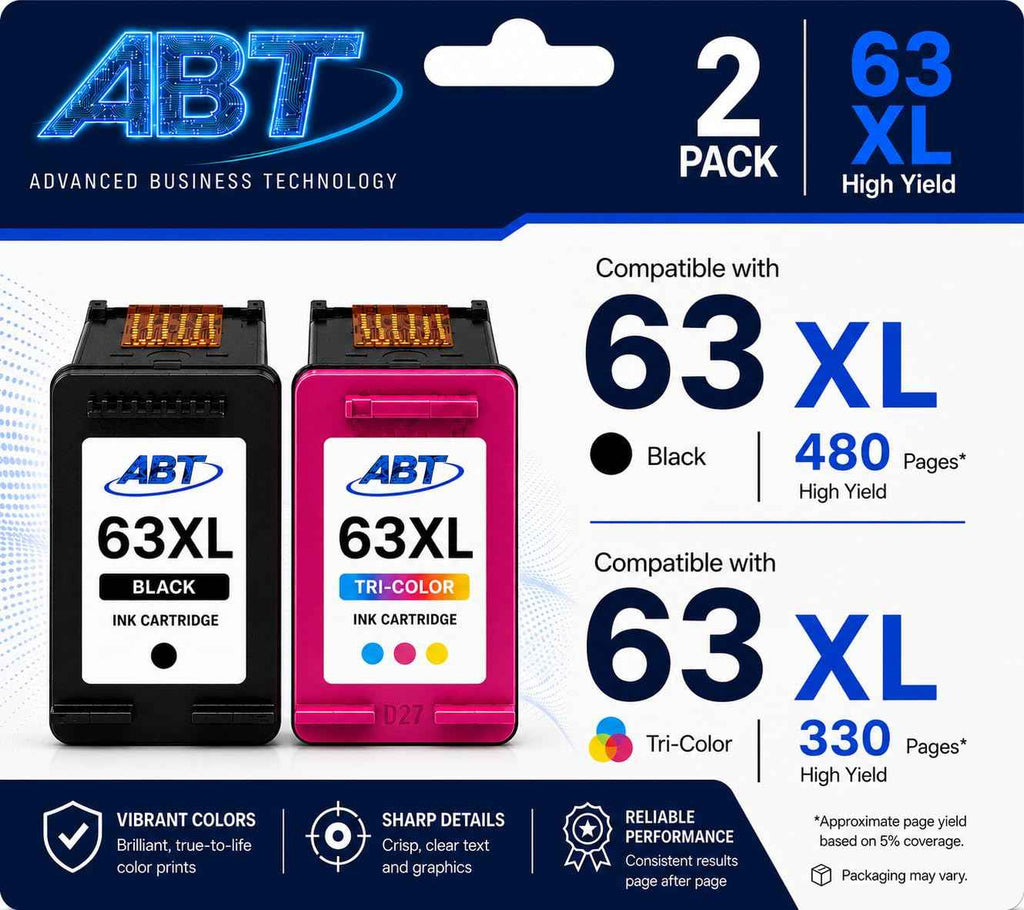 ABT Compatible 63XL Ink Cartridge Combo Pack Replacement for HP 63XL Black and Tri-Color Ink Cartridges High Yield 480 Black 330 Tri-Color Works with DeskJet 3630 OfficeJet 4655 ENVY 4520