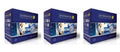Packaging view of three blue toner cartridge boxes with graphic design for HP Laserjet printers