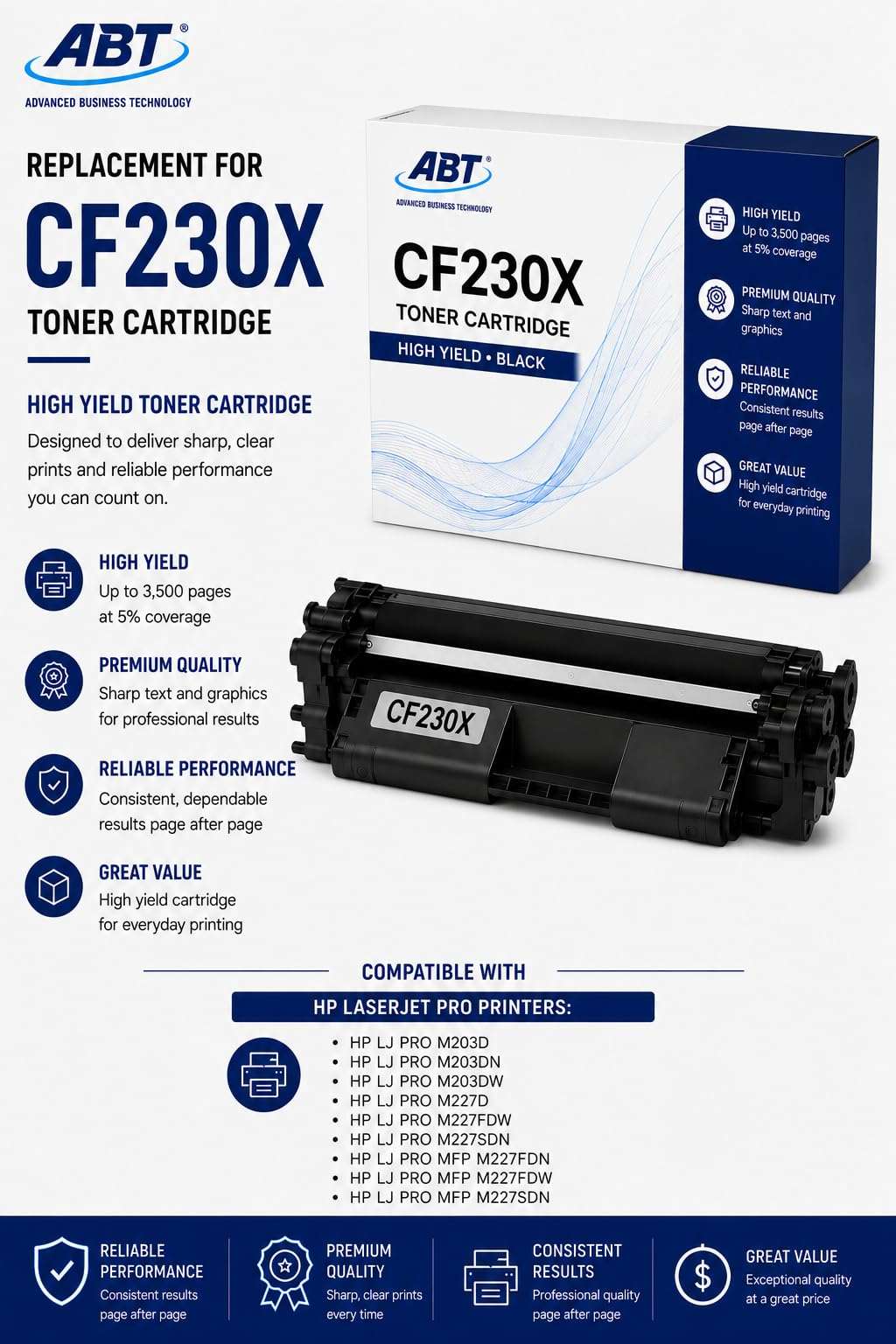 Packaging shot of the CF230X compatible toner cartridge box, showcasing high yield features on a white background.