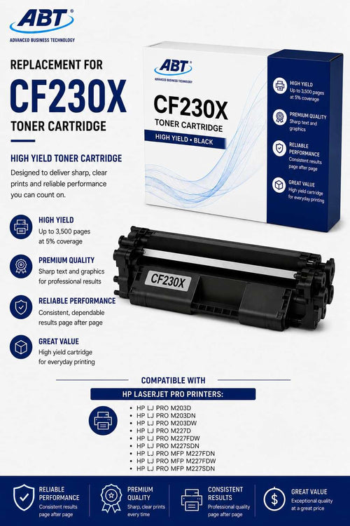 ABT CF230X replacement toner cartridge box with four black cartridges and specs