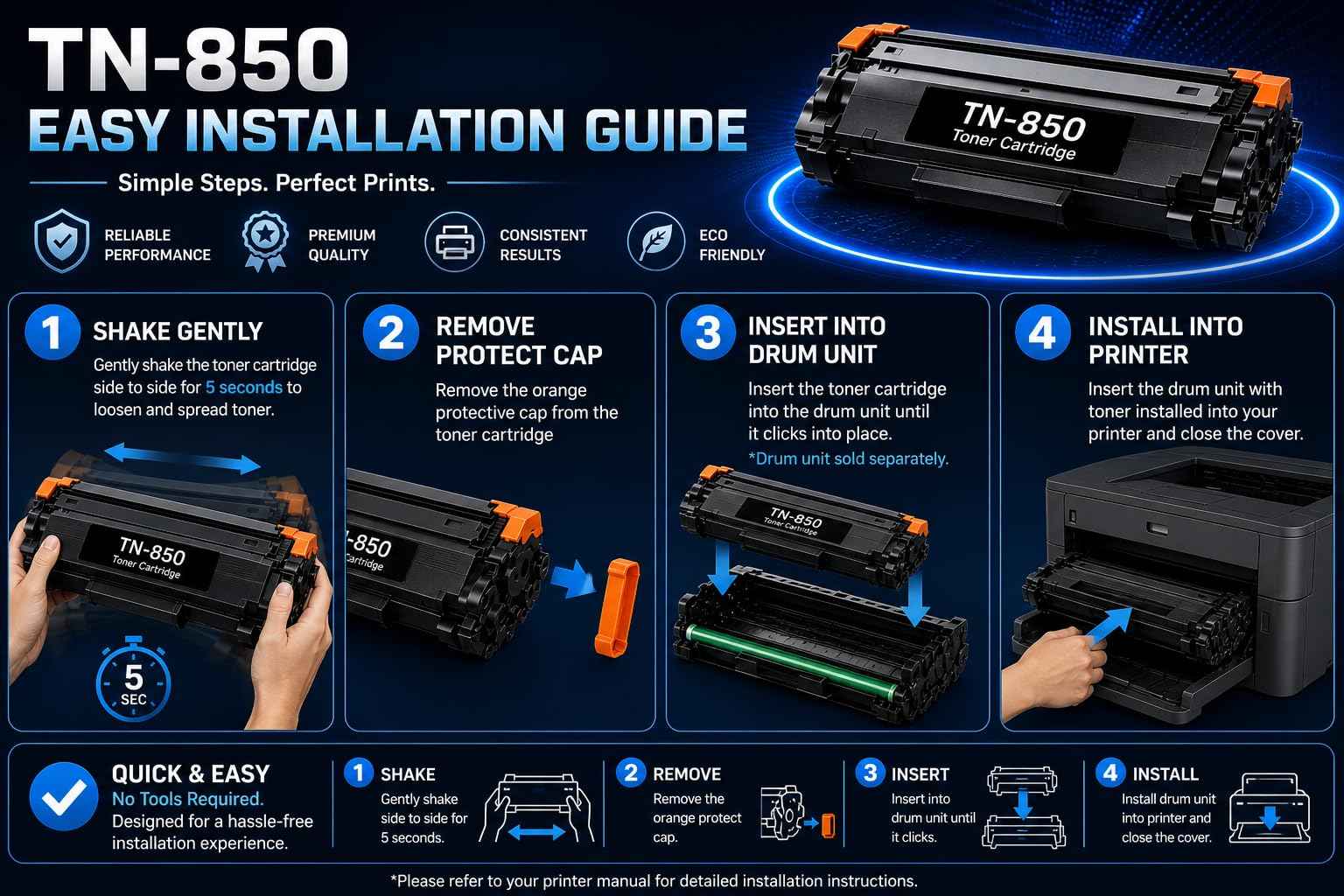 Installation guide for ABT compatible TN850 toner cartridge, featuring step-by-step instructions and graphics.