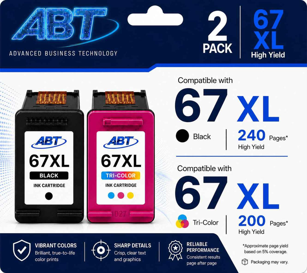 ABT Compatible 67XL Ink Cartridge Combo Pack Replacement for HP 67XL Black and Tri-Color Ink Cartridges High Yield 240 Black 200 Tri-Color Works with DeskJet 2755e ENVY 6455e