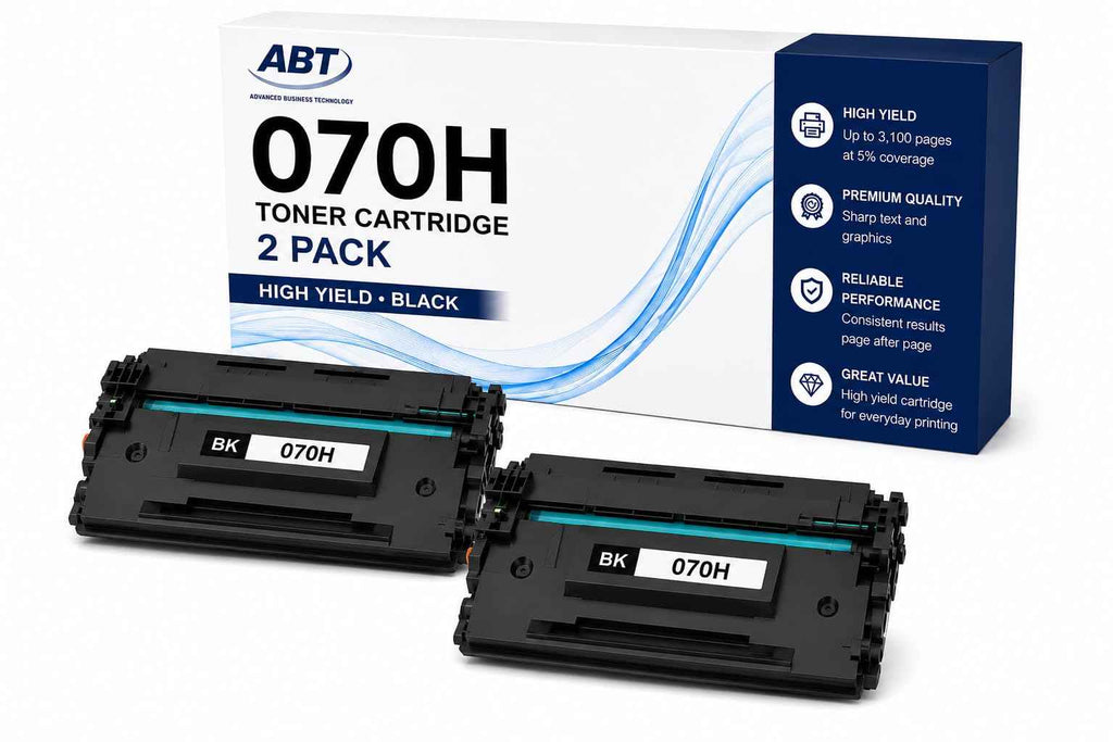 Front view of ABT Compatible Canon 070H toner cartridge 2-pack in black, showing packaging and two cartridges.