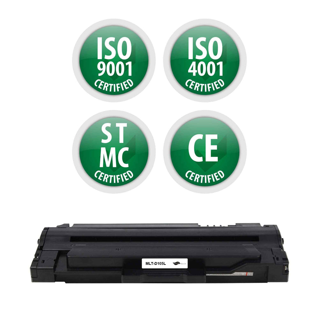 Black toner cartridge with ISO 9001 and ISO 4001 certification icons