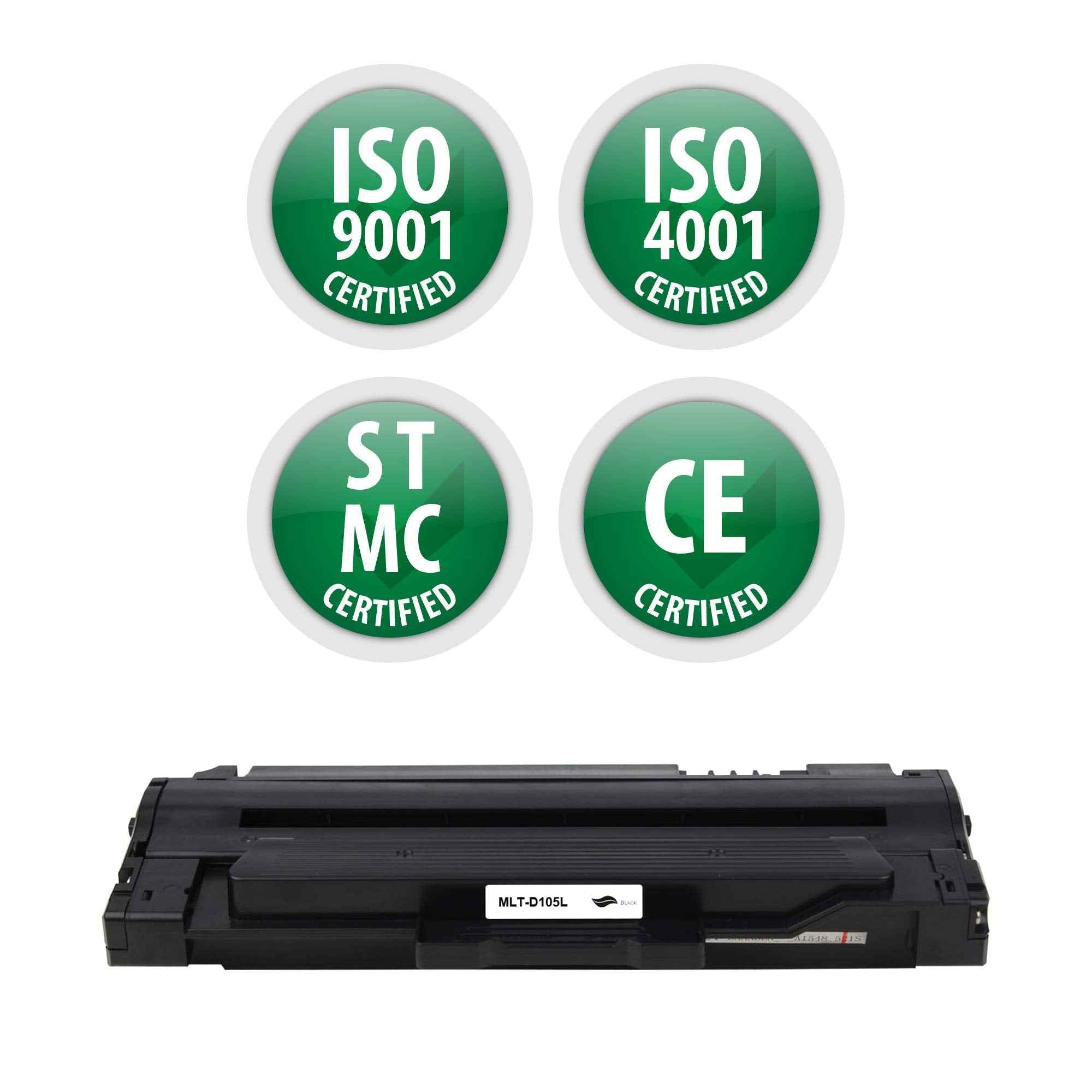 Black toner cartridge with ISO 9001 and ISO 4001 certification icons