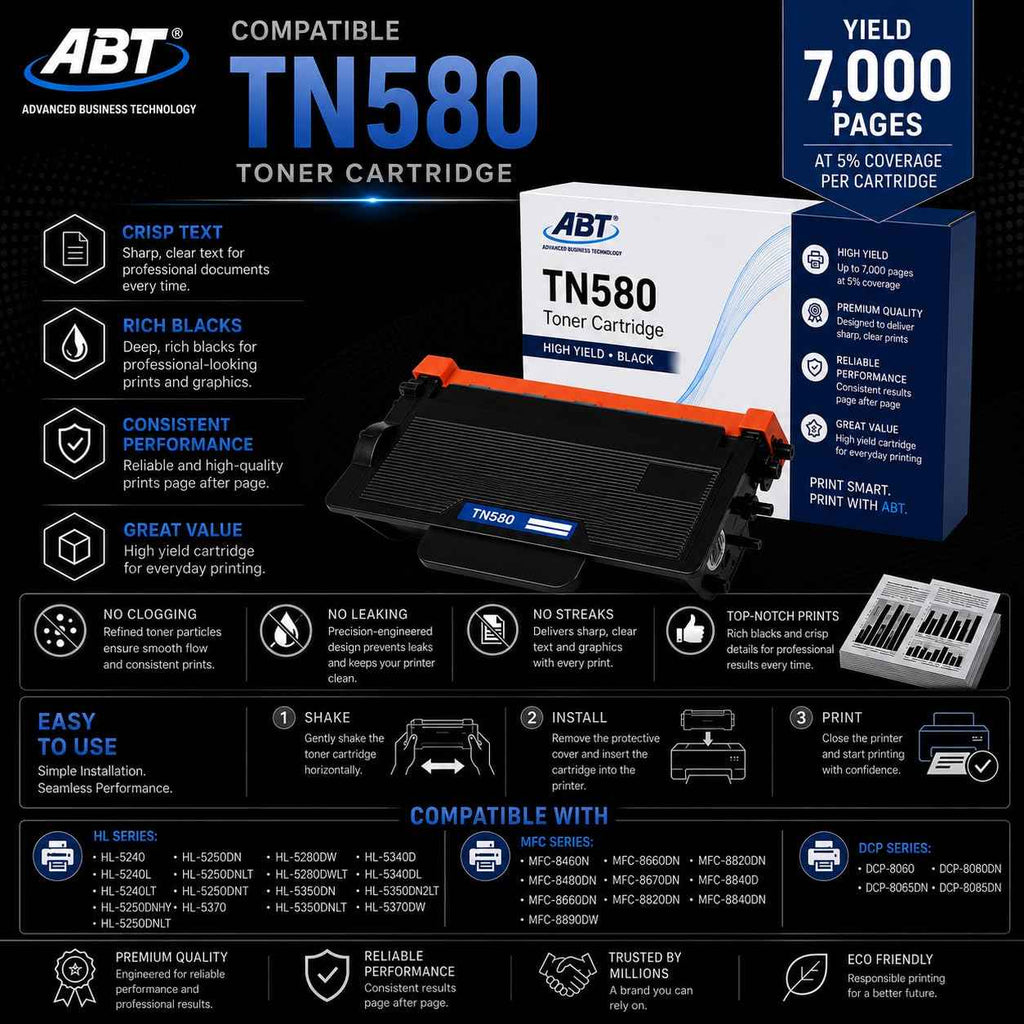 Lifestyle shot of ABT TN580 toner cartridge next to a Brother printer, emphasizing high yield compatibility.