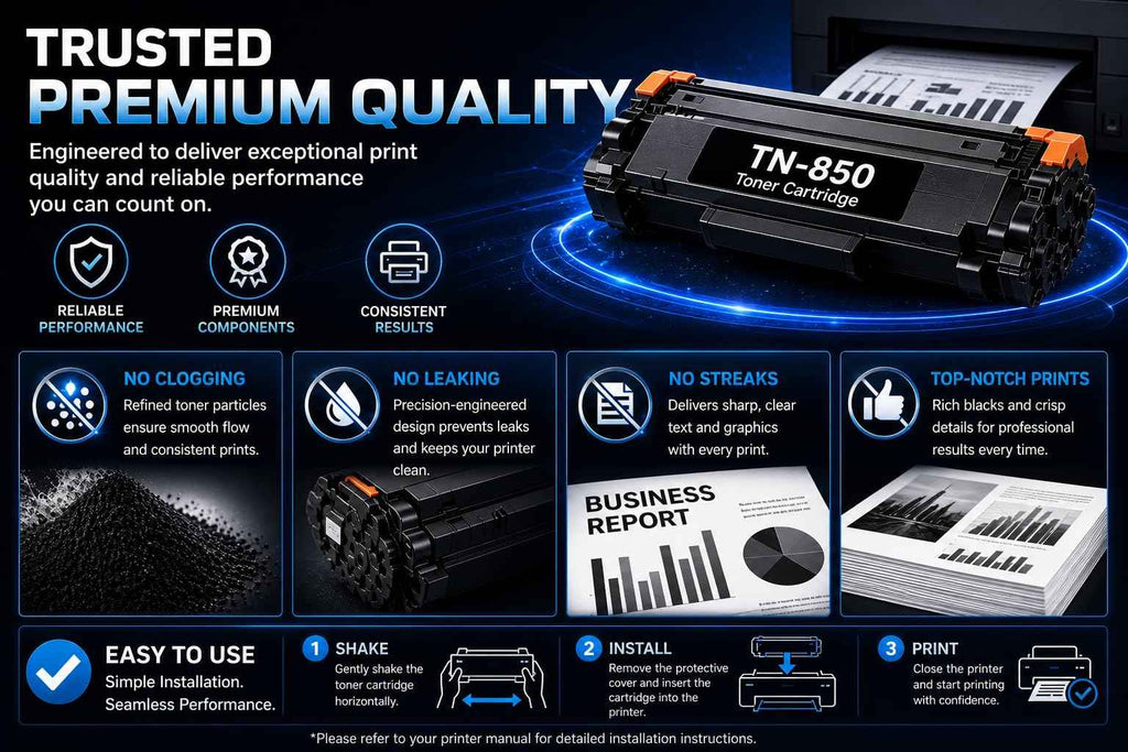 Close-up detail of premium quality information for ABT compatible toner cartridges, black and blue colors.