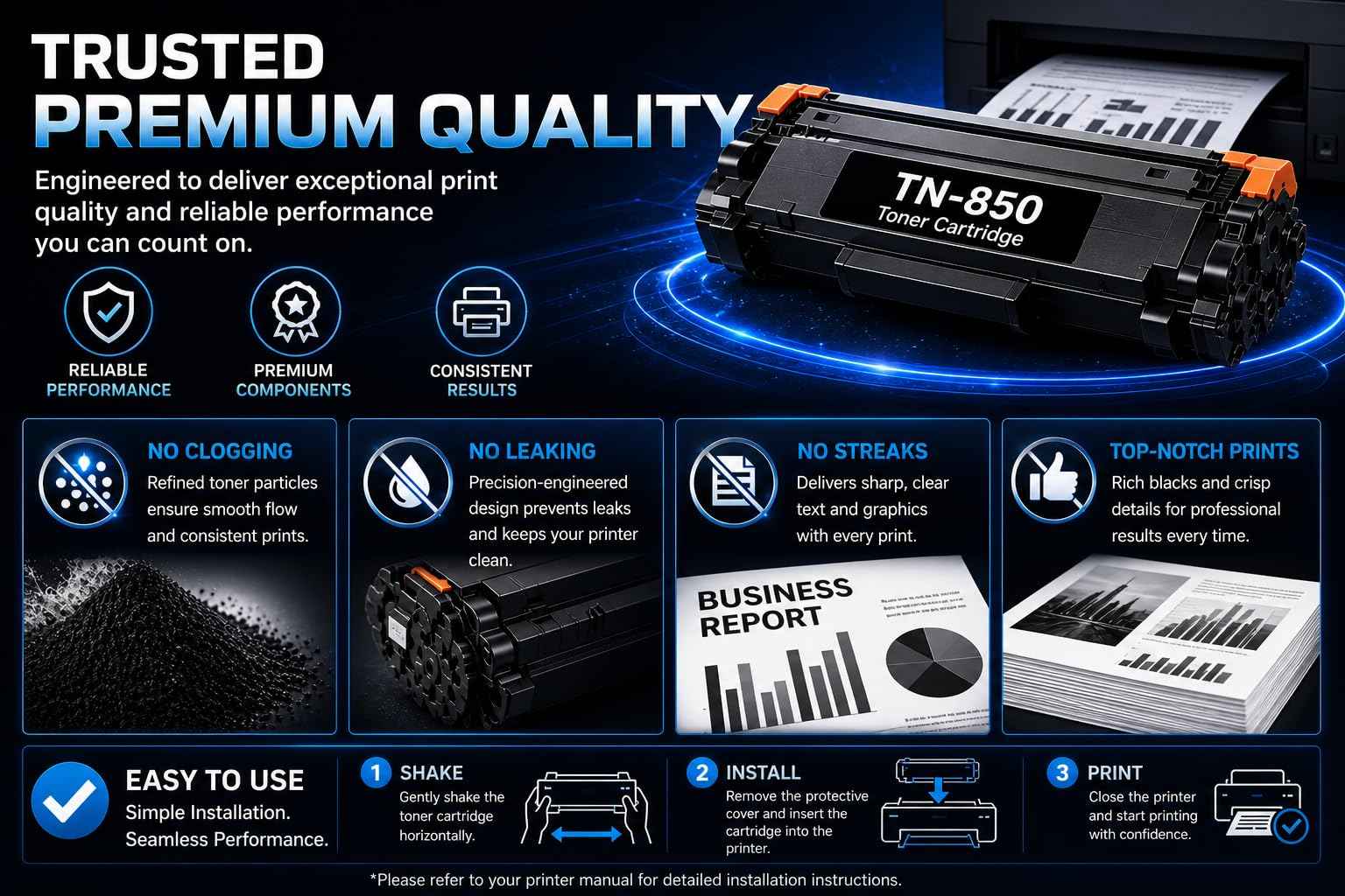 Close-up detail of premium quality information for ABT compatible toner cartridges, black and blue colors.
