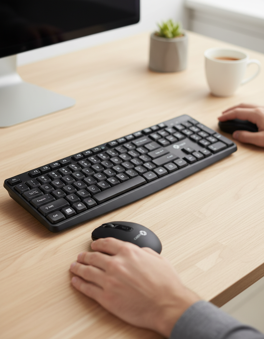 Hands using CAPSUL Essentials Wireless Mouse & Keyboard Combo on a light wooden desk, with monitor & coffee.
