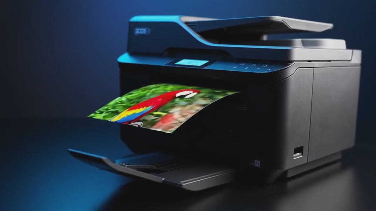 Video showing printer capabilities with color printing and multiple outputs in a studio setting.