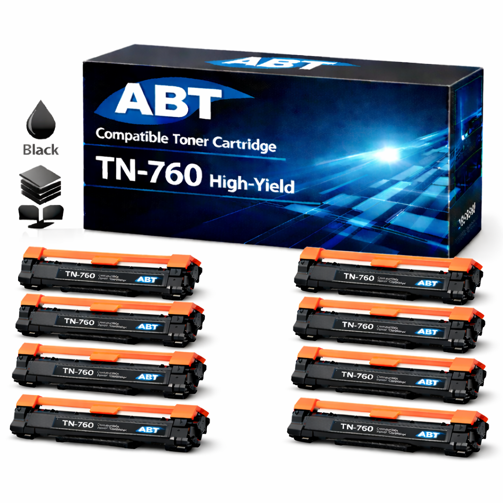 Front view of the black TN760 toner cartridge pack featuring 8 high yield cartridges.