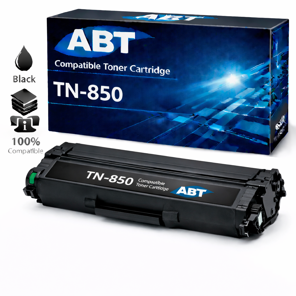 Packaging of the TN850 compatible black toner cartridge, featuring a 100% guarantee.